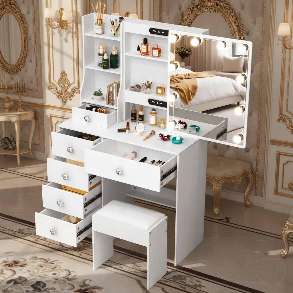 Tocador de maquillaje Juego de mesa de tocador LED con espejo de almacenamiento y taburete para amantes del maquillaje Regalo de Navidad perfecto