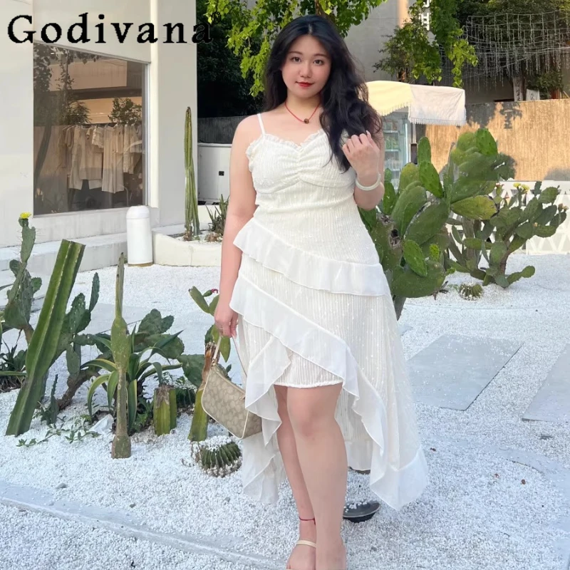 Large Size L-4XL Irregular Sweet Ruffles Fairy Suspender Dress Summer Girls V-neck Fashion Vacation Elegant Leisure Long Dresses