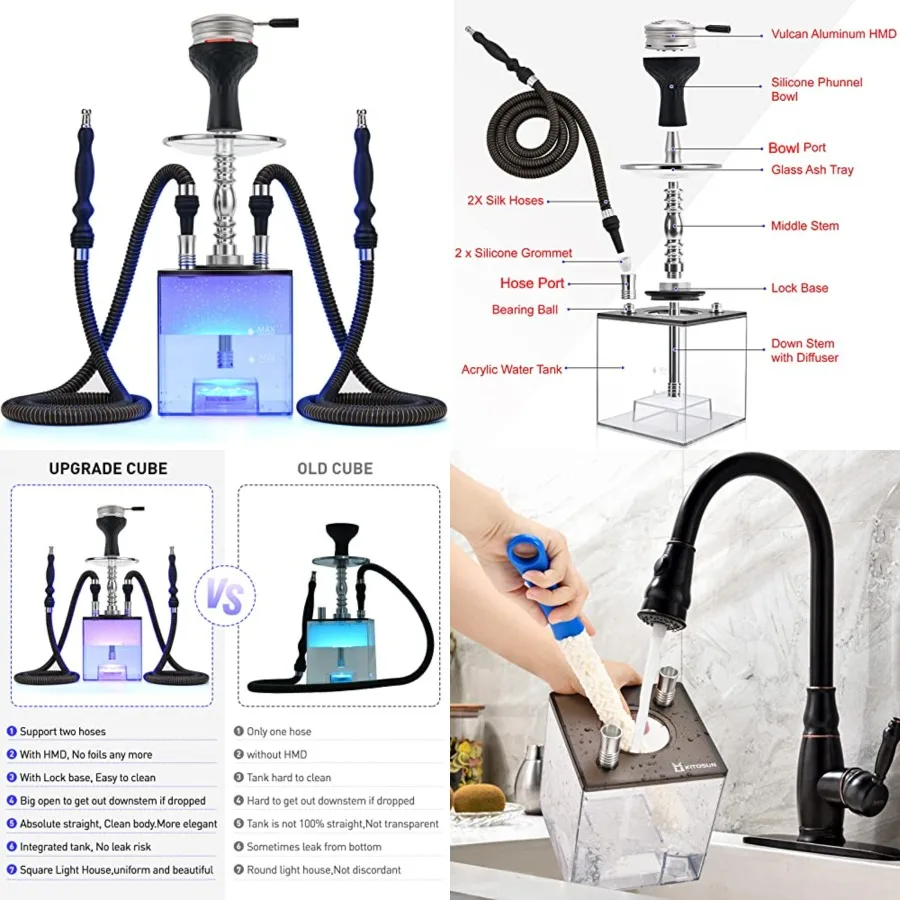 

Hookah Set with Everything - Kitosun Updated Cube Modern Shisha include Vulcan HMD Silicone Phunnel Bowl Silk Pipe Coal Tongs R