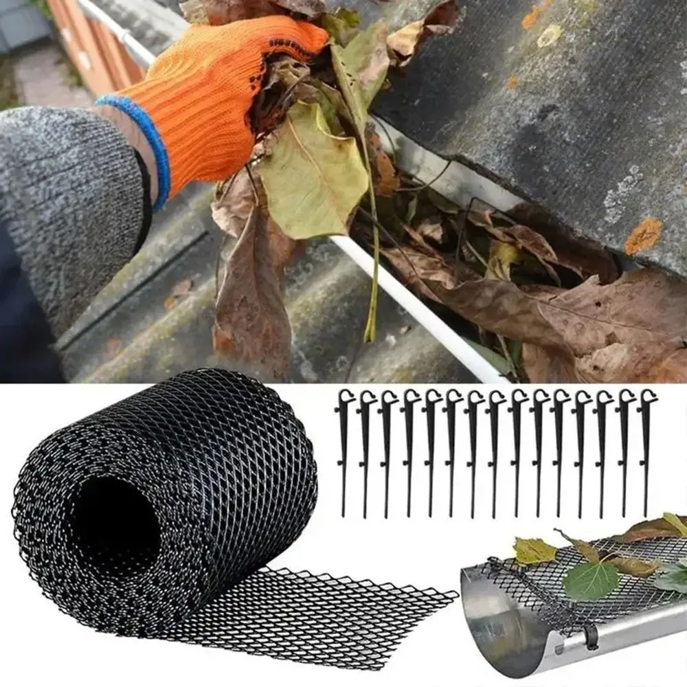 Mesh Gutter Protector Shelter DIY Plastic Gutter Guard Mesh Anti Clogging with 10 Clip Fixed Hooks Gutter Mesh Cover