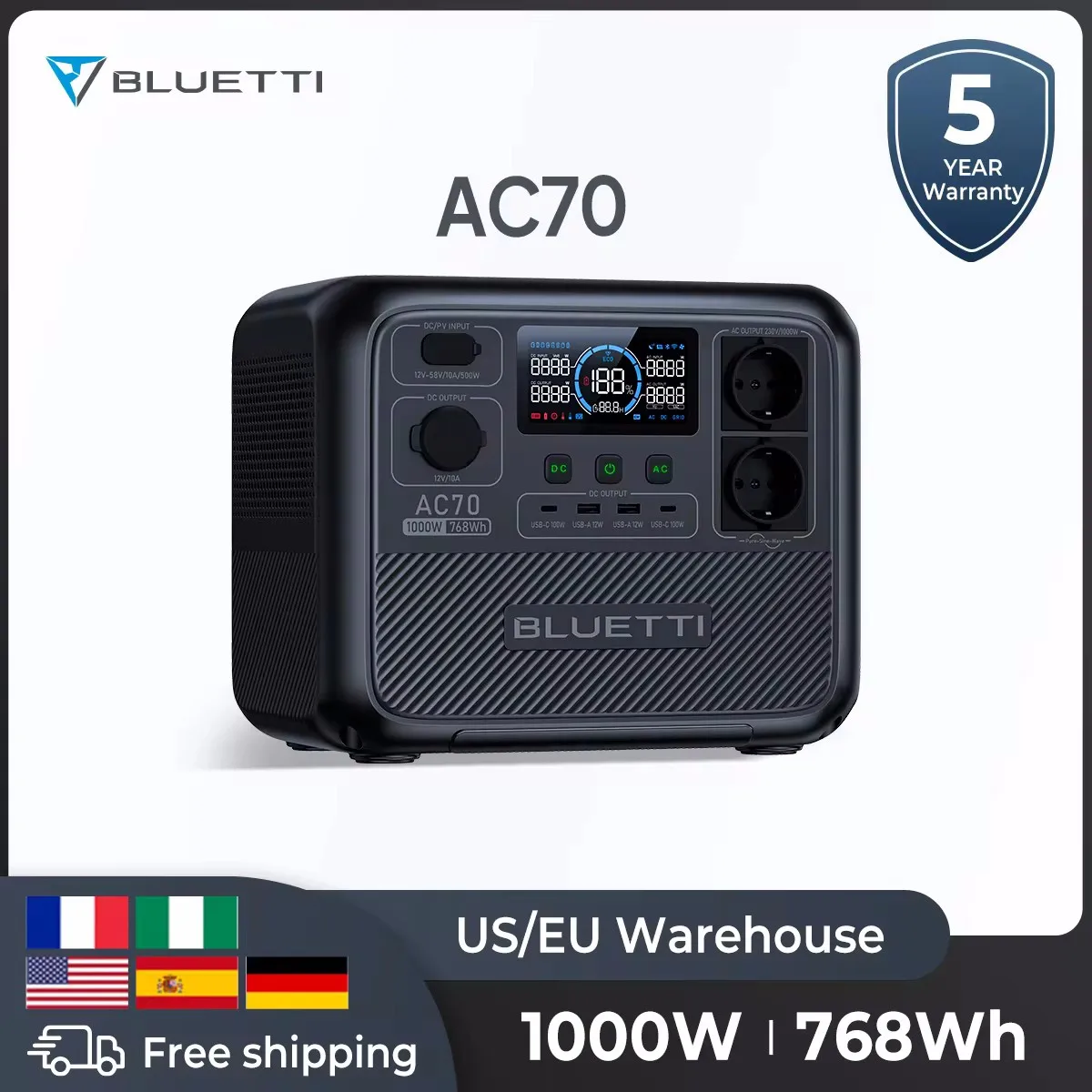 Bluetti AC70 EU Plug Portable Power Station 1000W 768Wh LiFePO4 Battery Solar Generator For Camping Fishing TV Energy Power Bank