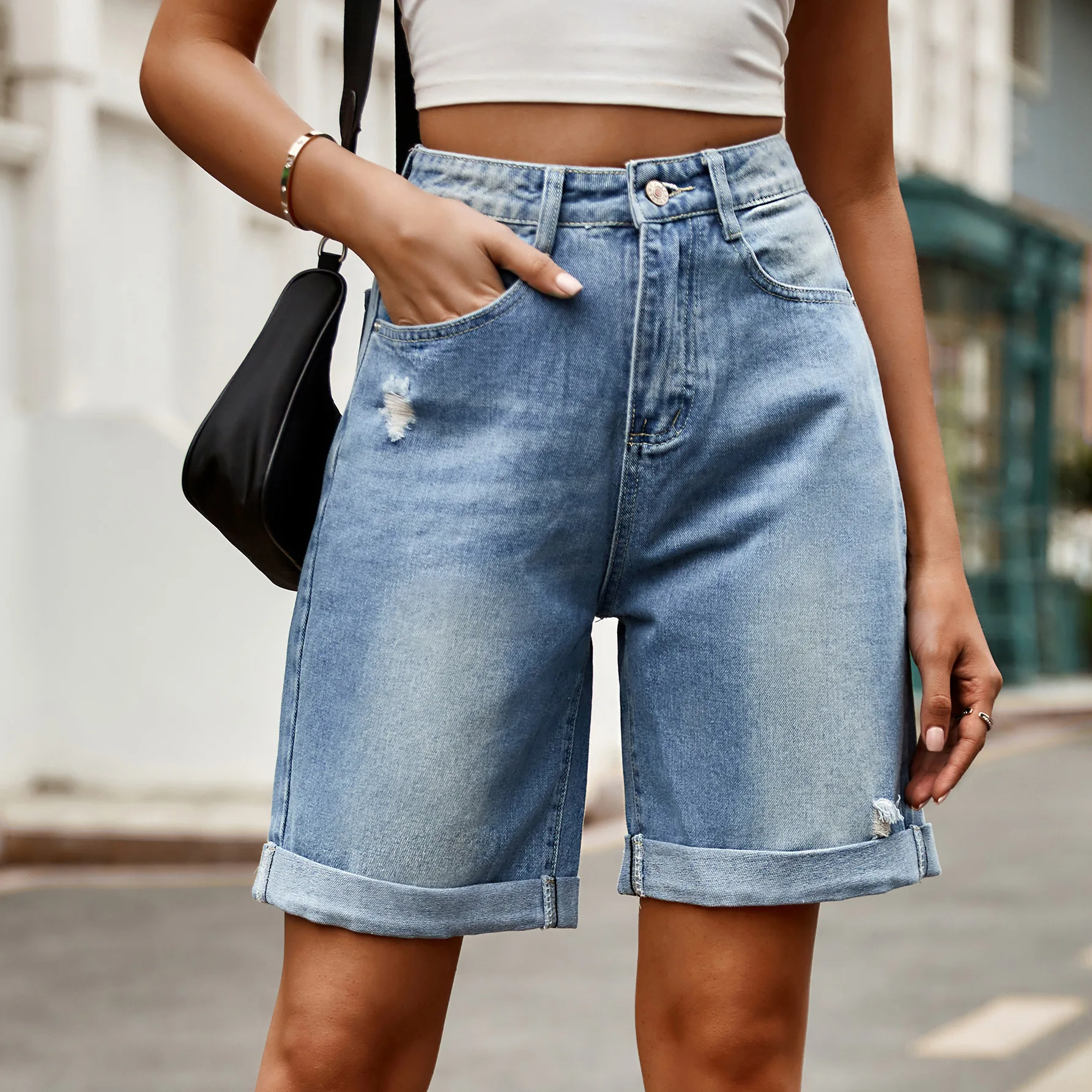 New women's clothing with ripped holes and rolled edges, five quarter denim shorts, casual pants trend