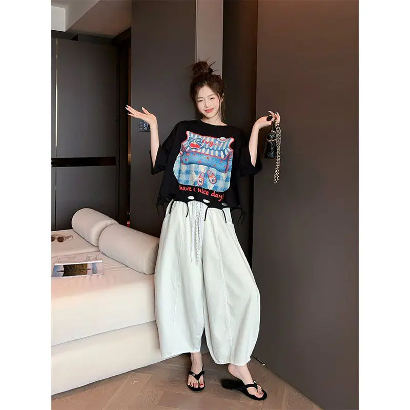 Summer Large Size Men's Casual Pants Loose Fashionable Wide Leg Balloon Pants Nine Points Pants Lazy Style Polyester Fiber