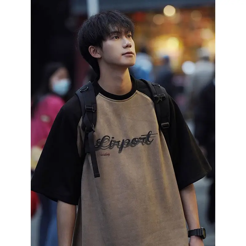 

Suede short sleeved men summer three dimensional design heavyweight T shirt two needle American trendy loose half sleeves y2k