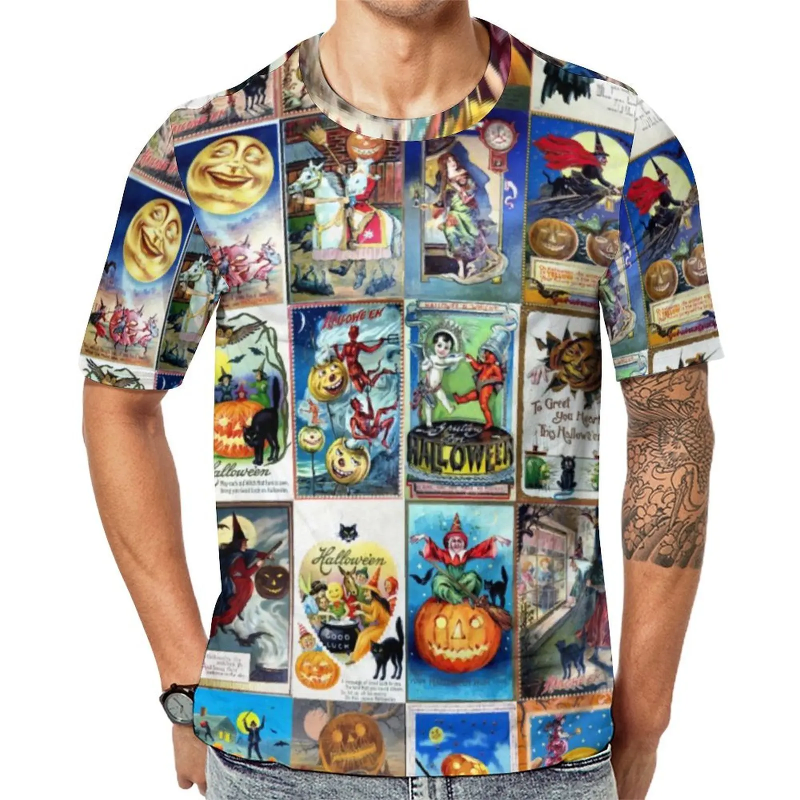Halloween Print T-Shirt For Men Vintage Postcard Graphic O Neck T Shirts Summer Hip Hop Clothes Short Sleeve Plus Size Tee Shirt