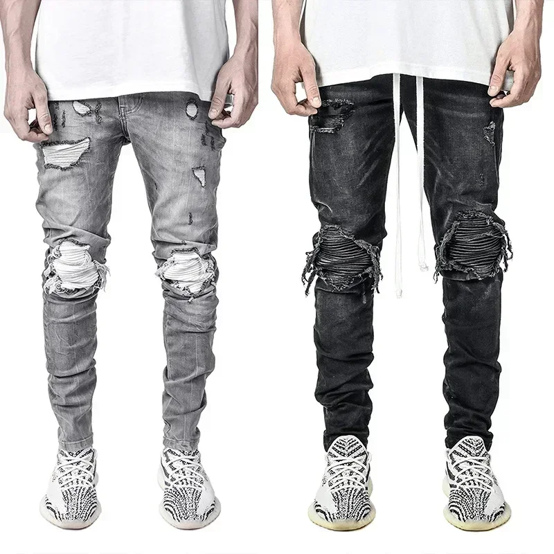 

Men Jeans Denim Holes Pencil Pants Ankle Length Mid Waist Slim Solid Color Slight Strech Moto Biker Spring 2025 Pockets