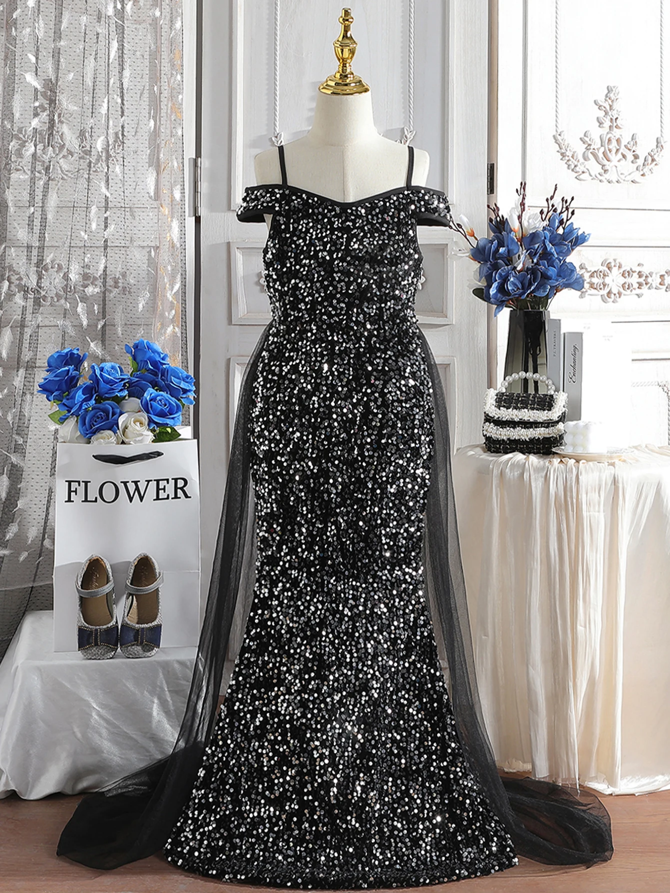 Tween Girl Sequin Decor Contrast Mesh Mermaid Hem Floor Length Sequins Formal Dress