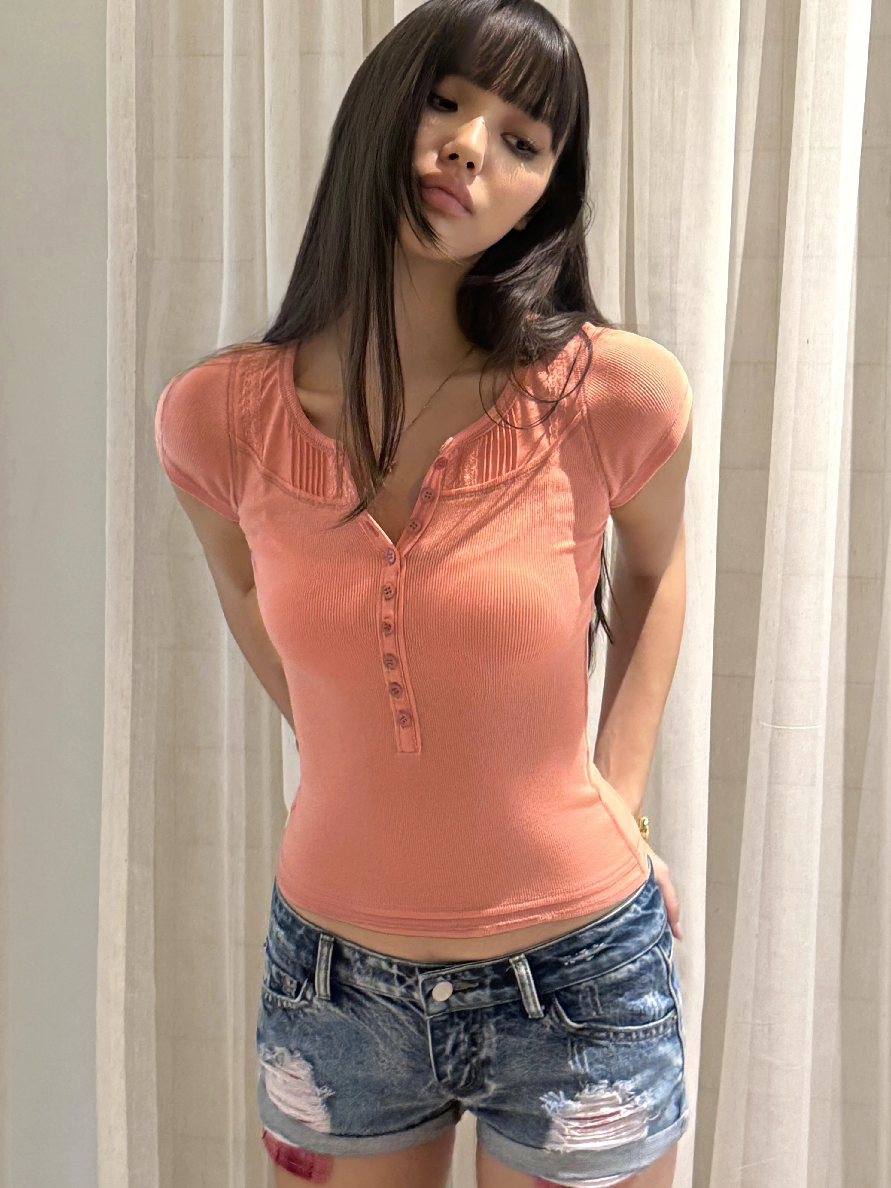 Audwyn round Neck Splice Short Sleeve T-Shirt Women's Slim Fit Summer New Style Single Button Shoulder Level Outerwear Top