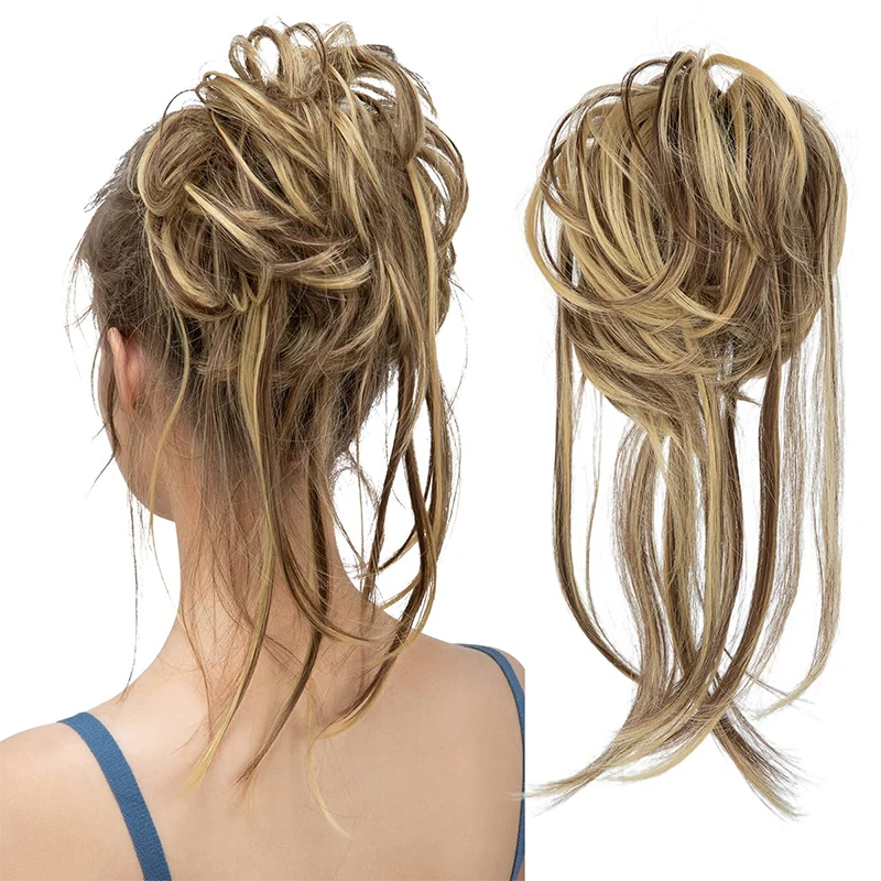 

Messy Bun Hair Piece Curly Hair Bun Extensions with Straight Tails Synthetic Hair Scrunchies Bun Ponytail Hairpieces for Women