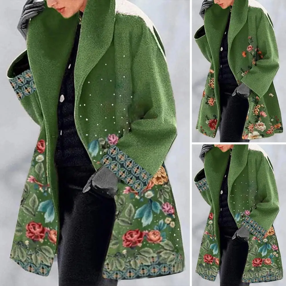 Women Jacket Elegant Street Cardigan Coat Women\'s Plus Size Floral Print Overcoat for Fall Winter with Thick Warmth Mid Length