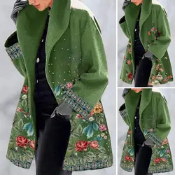 Women Jacket Elegant Street Cardigan Coat Women's Plus Size Floral Print Overcoat for Fall Winter with Thick Warmth Mid Length