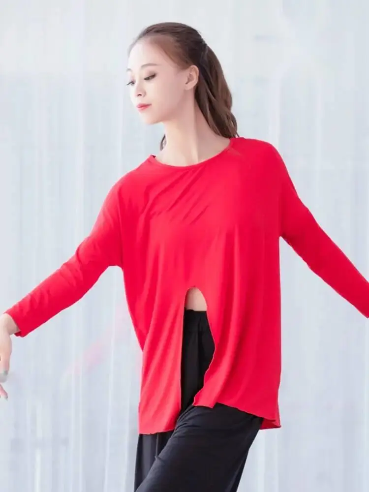 

Сплошной цвет, свободный крой, разделенный подол, танцевальный топ с круглым вырезом для женщин, классический костюм, рубашка для сценической практики, репетиция