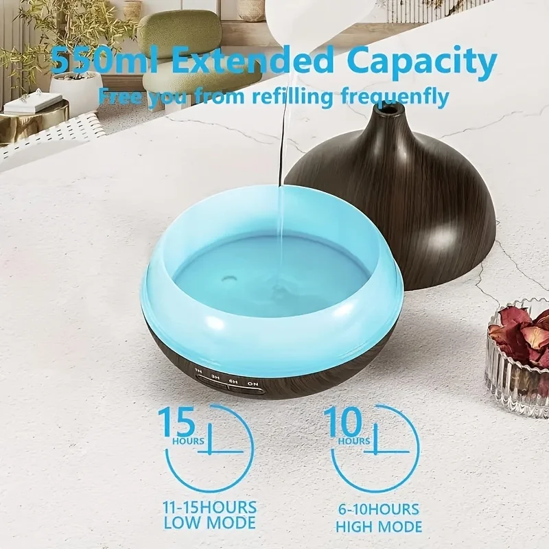 Aroma Diffuser with Remote Control Timer 7 colors LED Light 550ml Cool Mist maker Humidify For Home bedroom office Wood Grain