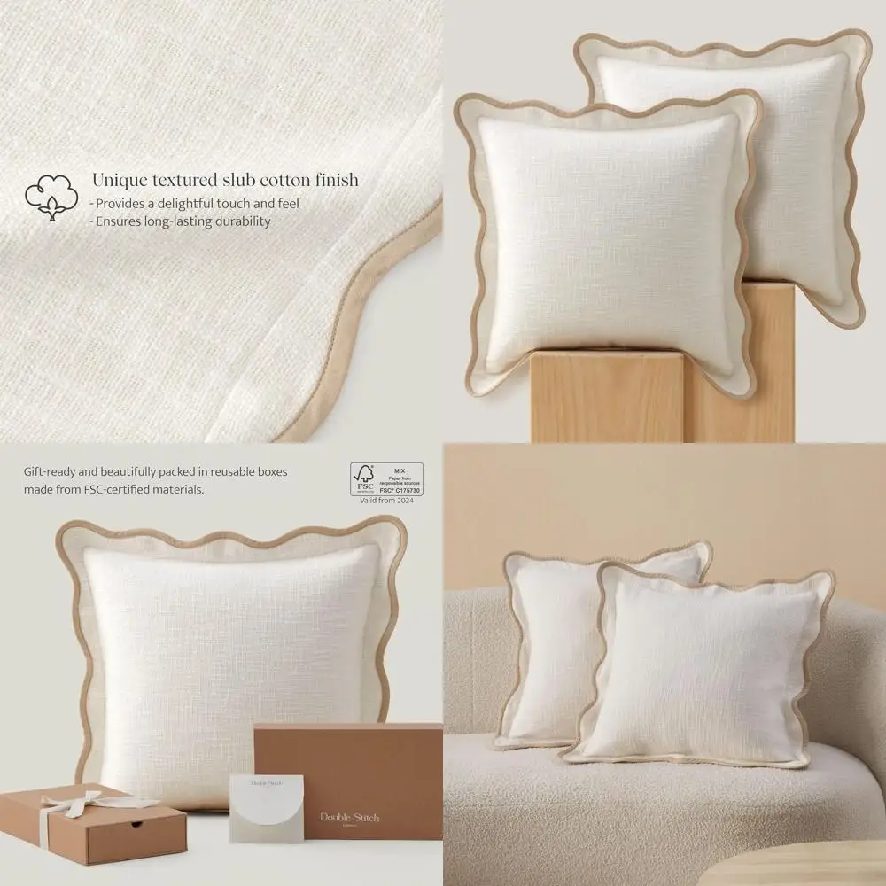 

100% Cotton Boho Pillow Covers - Set of 2, 20x20, Cream, Square Throw Pillowcases for Modern Sofa & Living Room Decor, Handmade