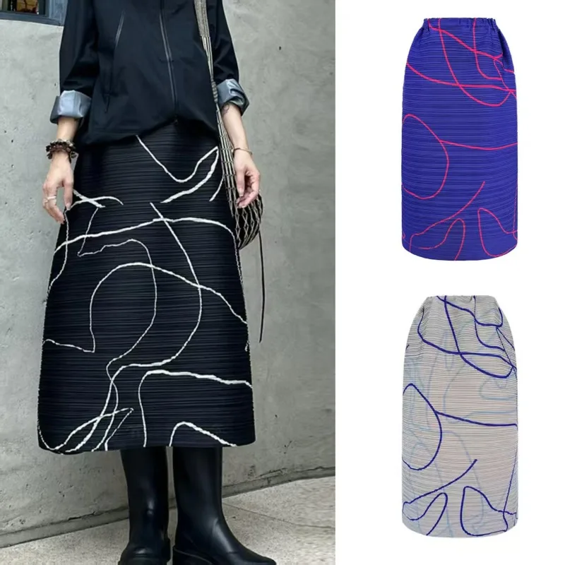 

Плиссированная полуюбка Miyake, осень 2021, нерегулярная юбка до половины тела с принтом, большие размеры, средней длины, со складками, одежда Jupe