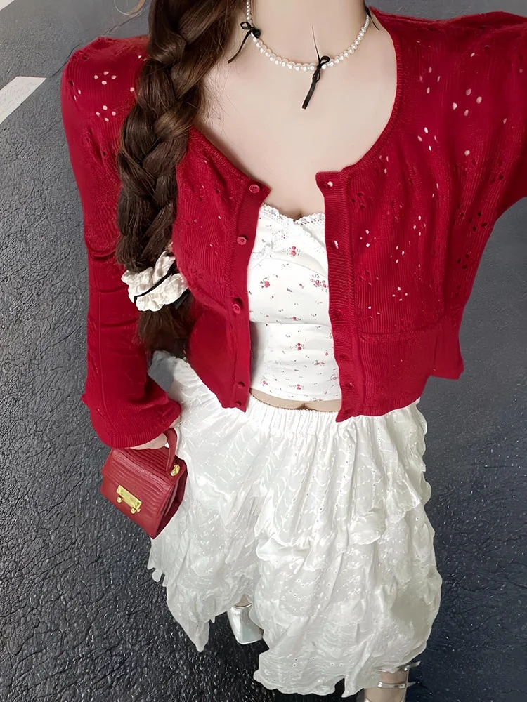 Lightweight Knitted Cardigan Outerwear Women's Strap Dress Cover up Summer Shawl Red Elegance Hollow out Shoulder Baring