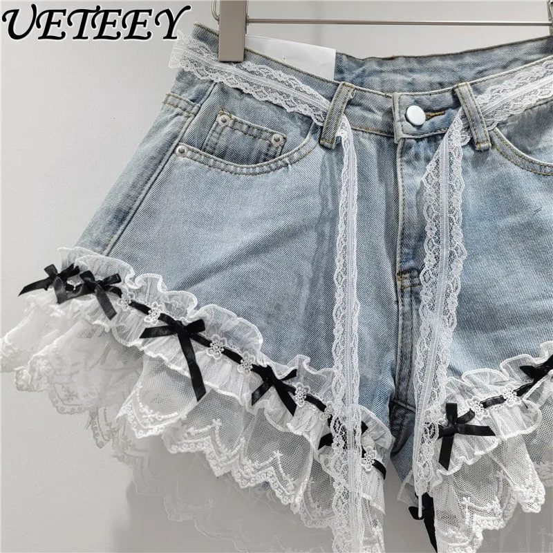 Light Color High Waist Lace Mesh Casual Denim Shorts Jeans Women's Summer Fashion Foreign Style Sweet A-line Wide Leg Hot Pants