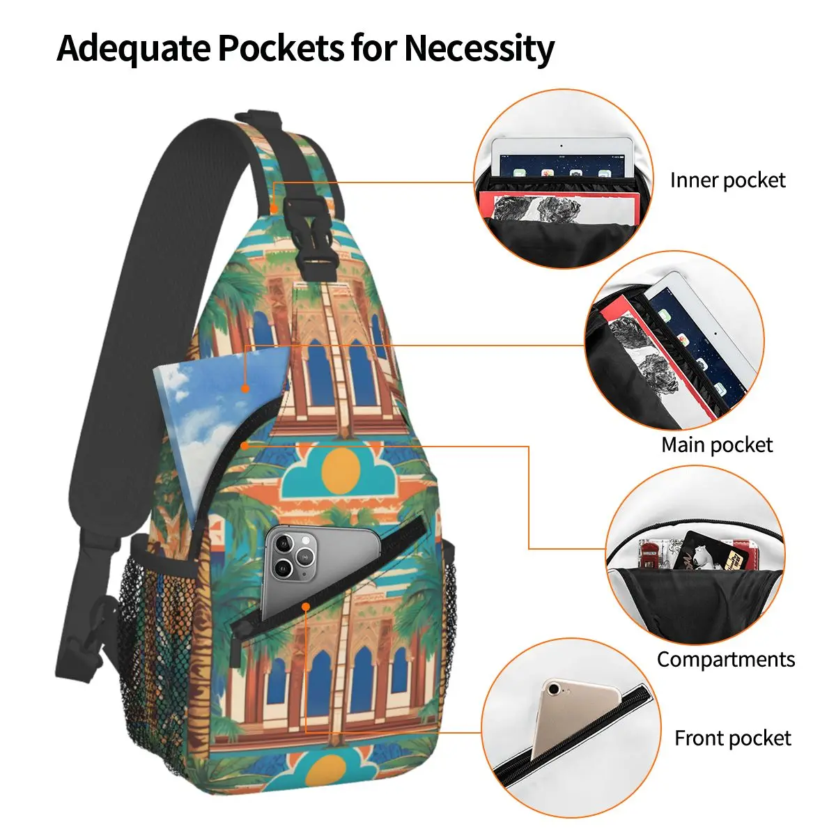 Palace Entrance Chest Bag Men Sling Crossbody Backpack Chest Bag Travel Hiking Daypack Shoulder Bag