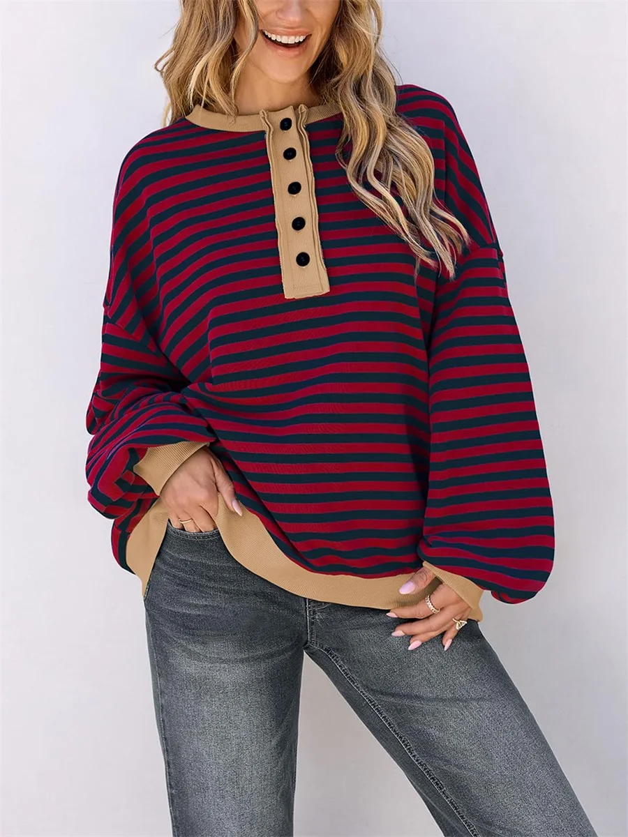 New Women Crew Neck Sweatshirts Cute Striped Print Loose Long Sleeve Pullovers Casual Fall Workout Tops Autumn Streetwear S-2XL