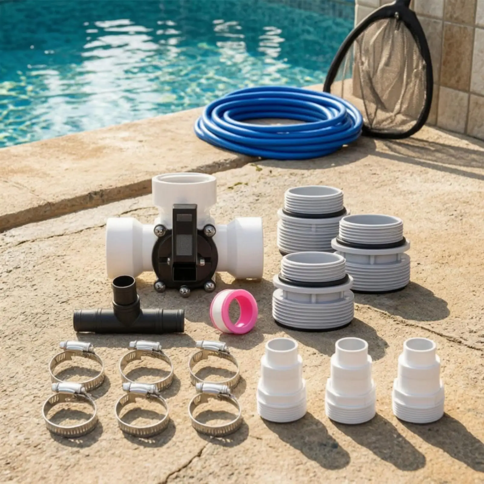 Pool Valve Adapter Fitting Set with Three Way Water Diverter and Hose Clamps for Swimming Pool Pump Filter System