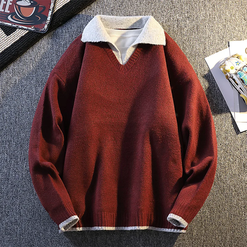 Fake Two-piece Shirt Collar Sweater Men's Spliced   contrasting Color Long-sleeved Pullover Casual Loose Top