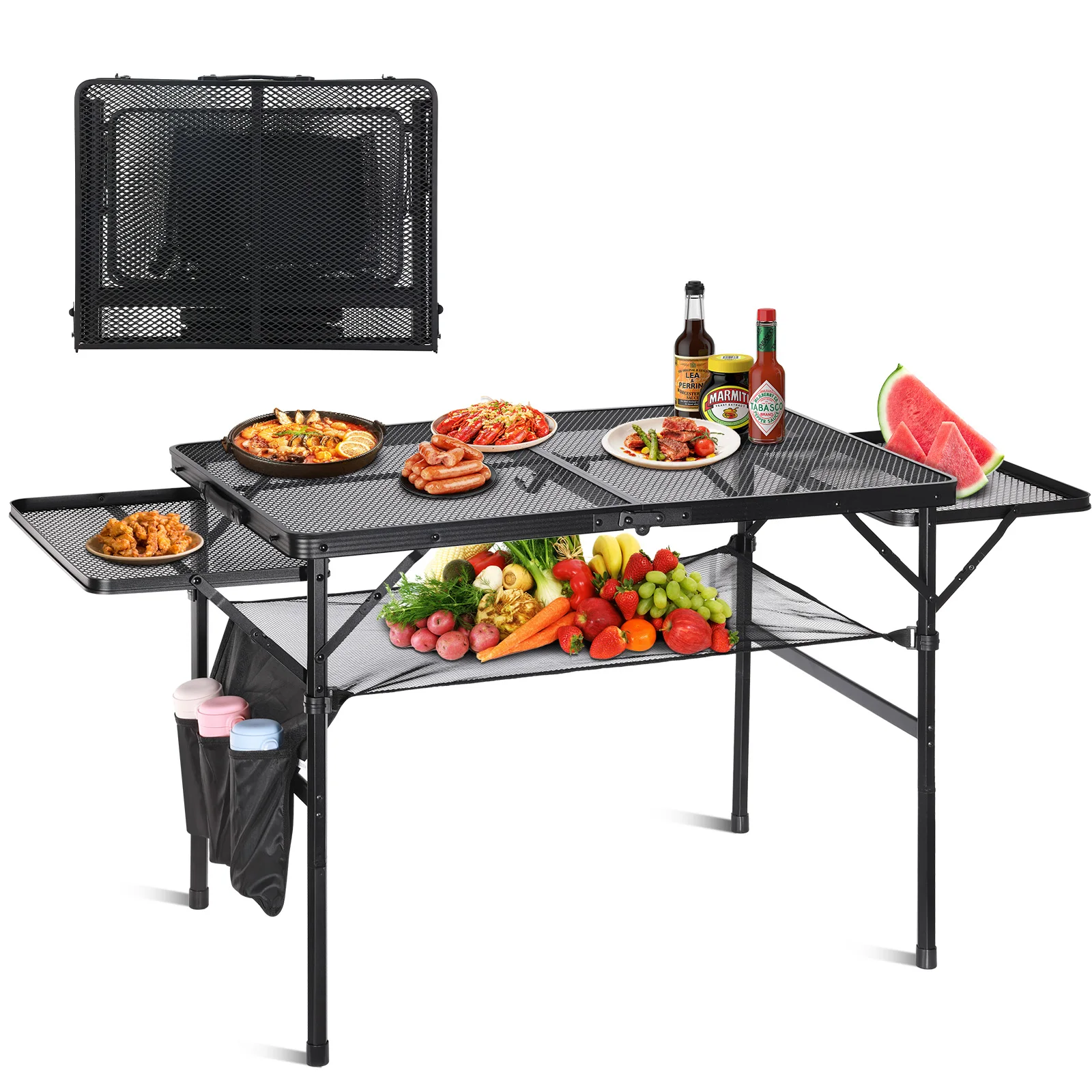 Camping Barbecue Table With Expansion Board Adjustable Height Folding Table Mesh Top Portable Outdoor Indoor Beach Travel