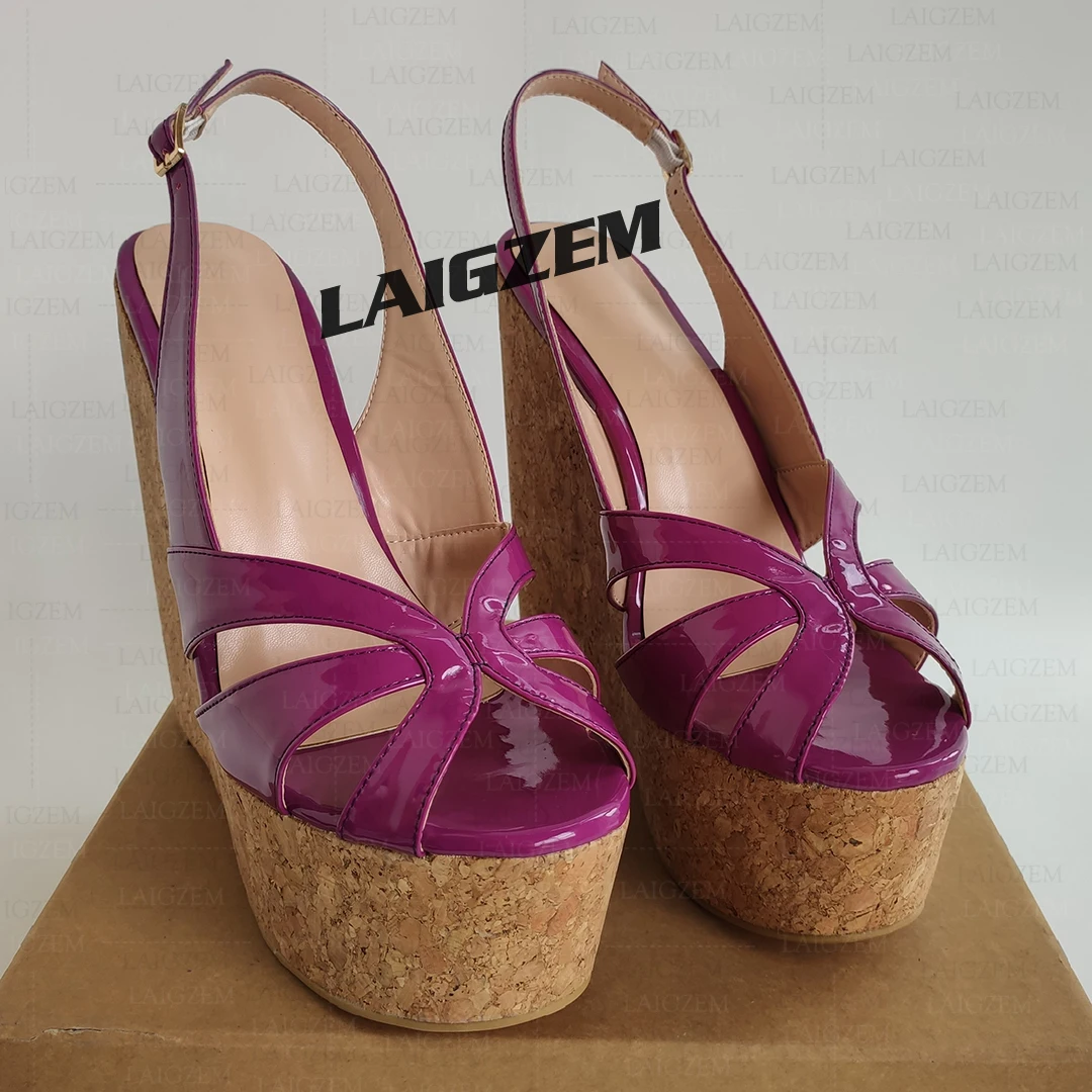 

LAIGZEM Women Platform Wedges High Heels Peep Toe 17CM High Heels Faux Leather Handmade Ladies Shoes Woman Plus Size 39 43 45 47