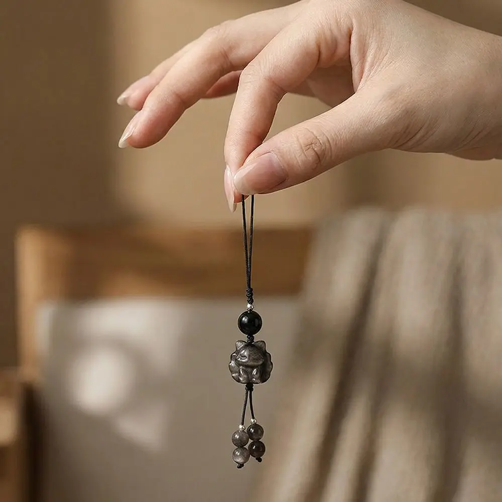 

Exquisite Charm New Chinese Style Keychain Silver Shining Stone Nine-Tailed Bead Mobile Phone Chain Jewelry Accessories