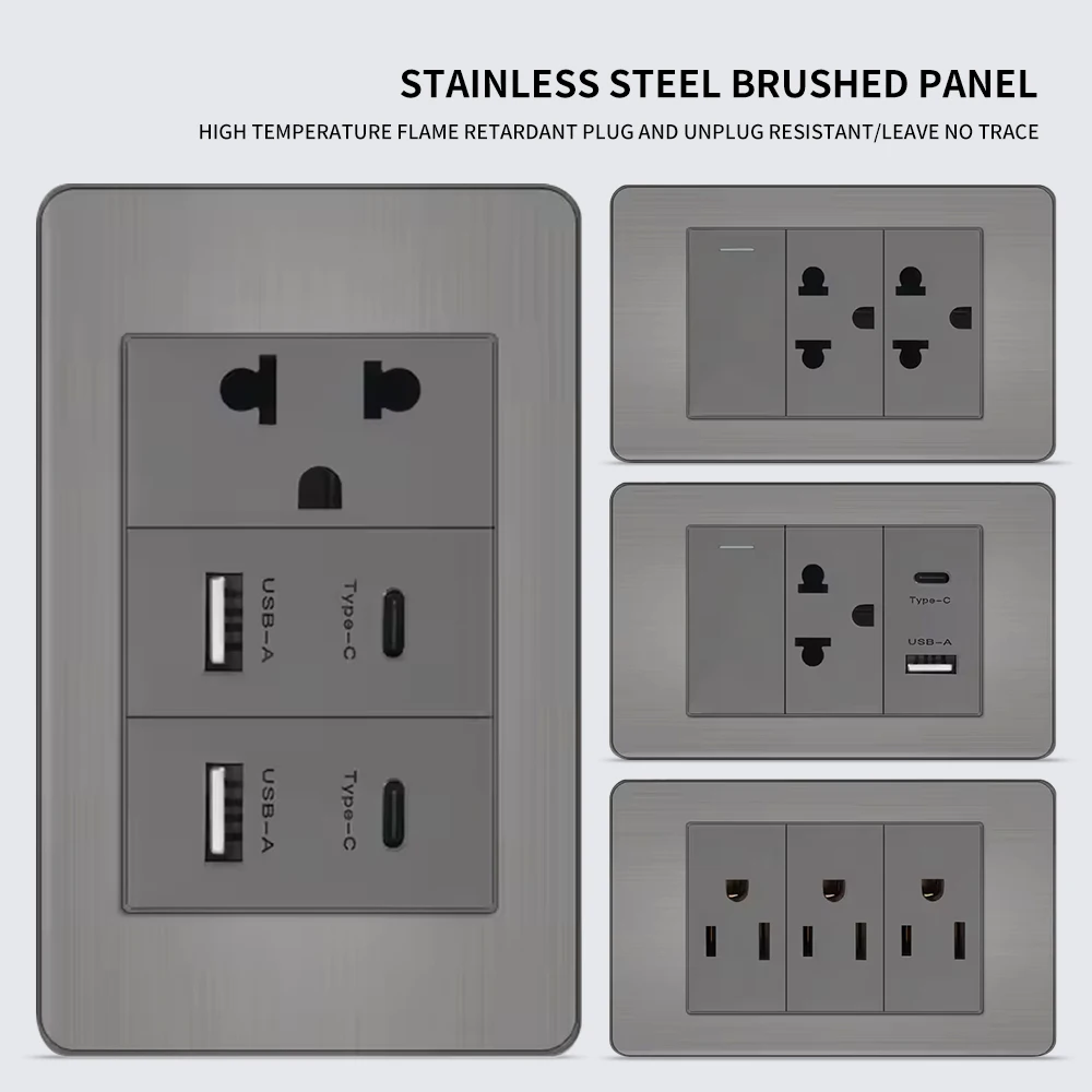

, US Switch, Thai Plug for Home & Office Use 118 Premium Stainless Steel Brushed Wall Socket with USB Type - C