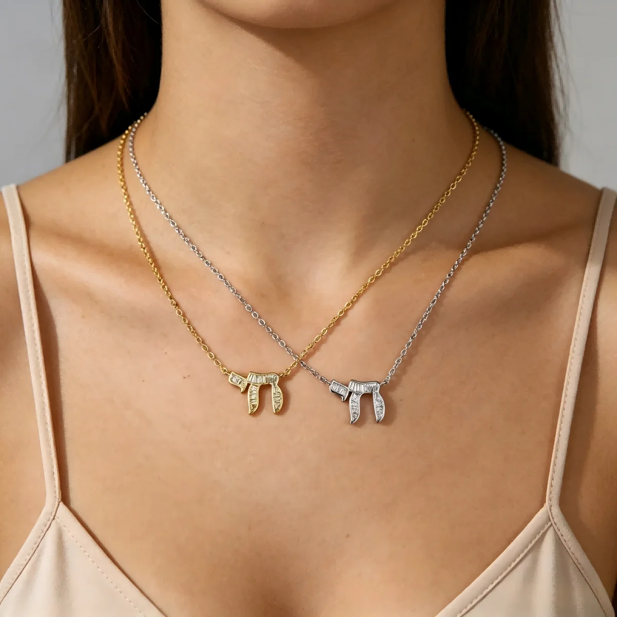 Jewish Amulet Hebrew Chai Pendant Necklaces for Women Baguette CZ Gold Silver Color Fashion Religious Jewelry Gift Daily Wear