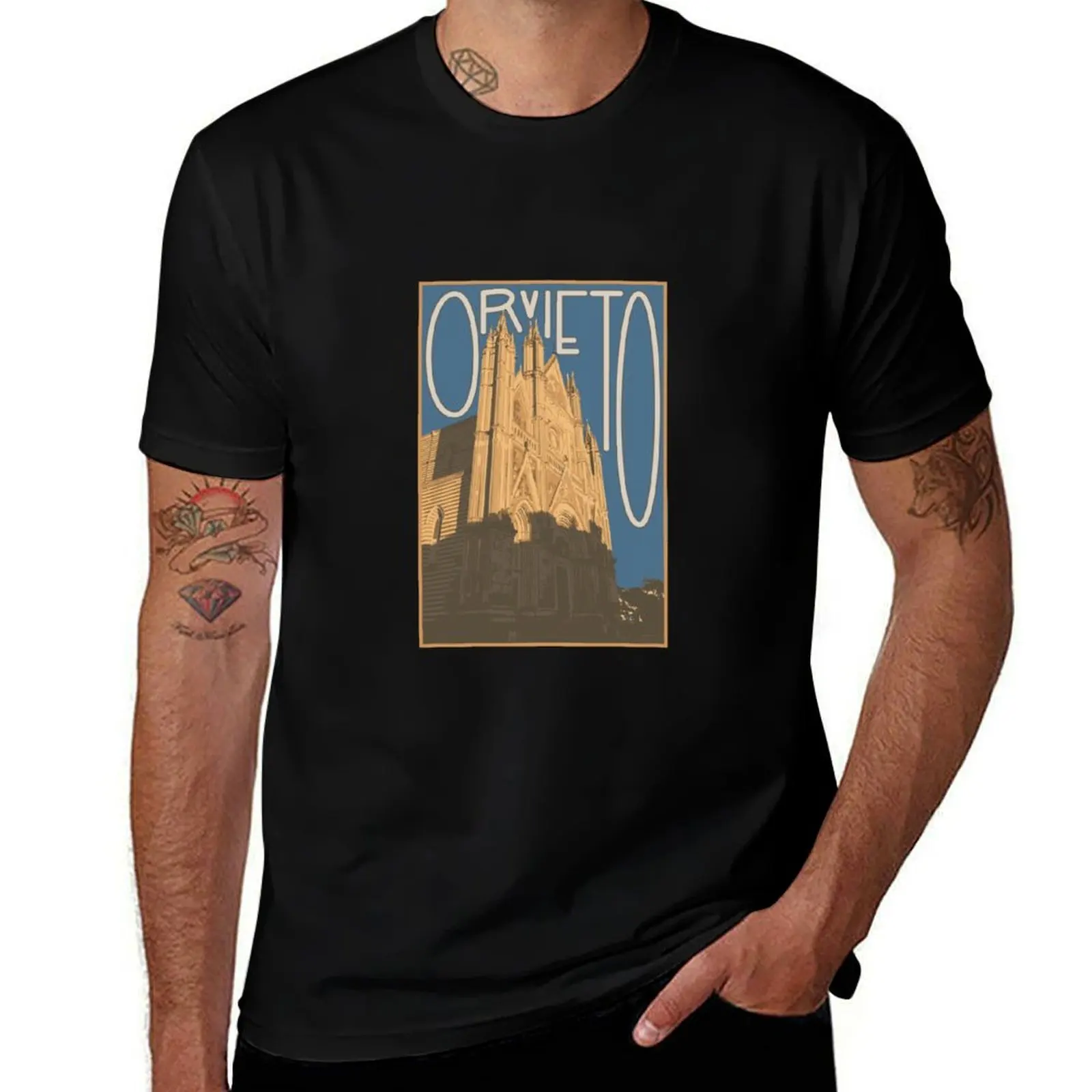Orvieto Vintage Postcard T-Shirt Basic Casual Short Sleeve Cotton Shirt