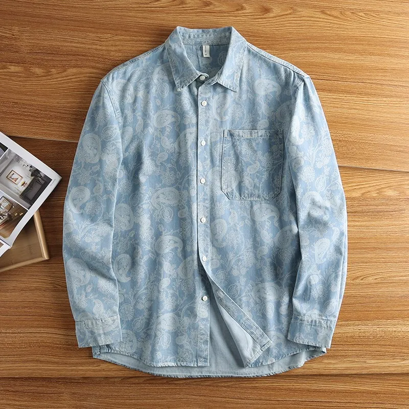 

American Casual Men's Denim irt Spring Autumn Loose Pure Cotton Long Sve Retro Print irt New Outerwear for Men