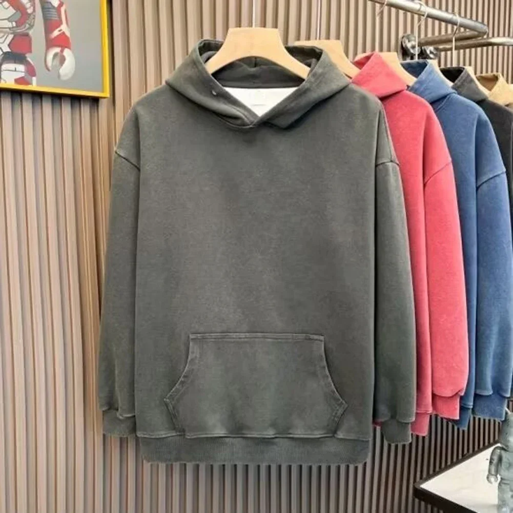 Blue Loose Fit Hoodie Sweatshirt Washed Sweatshirt Men Women Clothing Regular Length Sweatshirt Slight Stretch Fabric