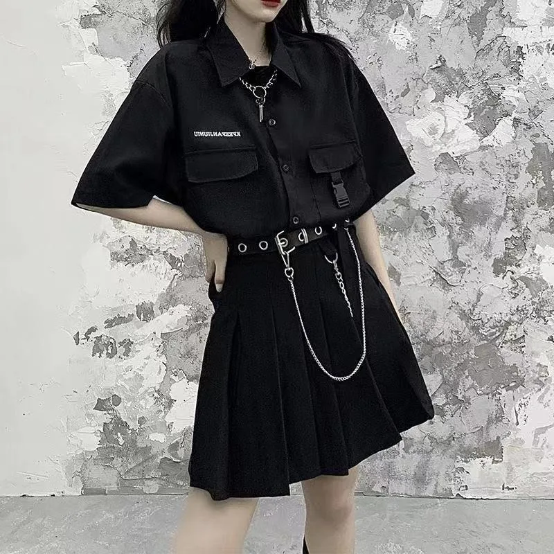 Shirts Women Vintage Letter Embroidery Button-up Female Half Sleeve Baggy Tops Summer Pockets Lace-up All-match Retro Solid