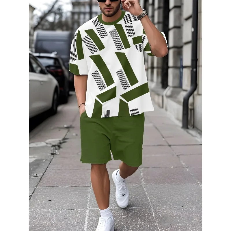 2025 Men's Summer 3D Printed Round Neck Short Sleeved T-shirt and Shorts Set for Daily Leisure, Sports, Breathable Street Wear