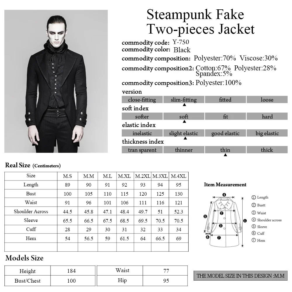 PUNK RAVE Gothic Vintage Victorian Fake Two-Pieces Brocade Long Jacket Embroidery Buttoned Dovetail Men Coats Festival Party