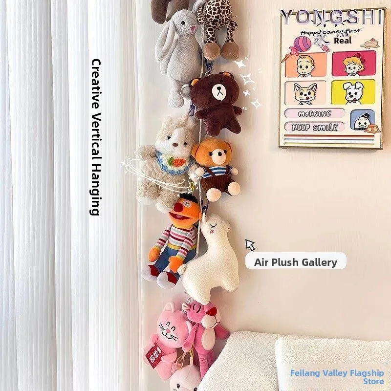 

Wall-Mounted Doll Storage Bag Plush Toy Hanging Rope Display Net Pocket Bedside Doll Organizer Travel Bag with Rod ABS+PC