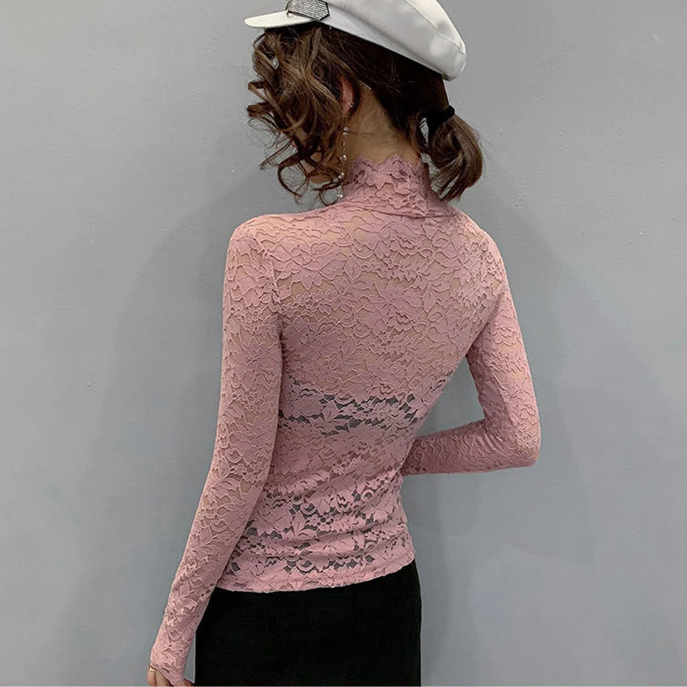 New Turtleneck Petal Sleeve Shirt Women Stretch Flowers Lace T Shirt Women Blusas Mujer De Moda S-2XL Size Tops Fashion Ladies