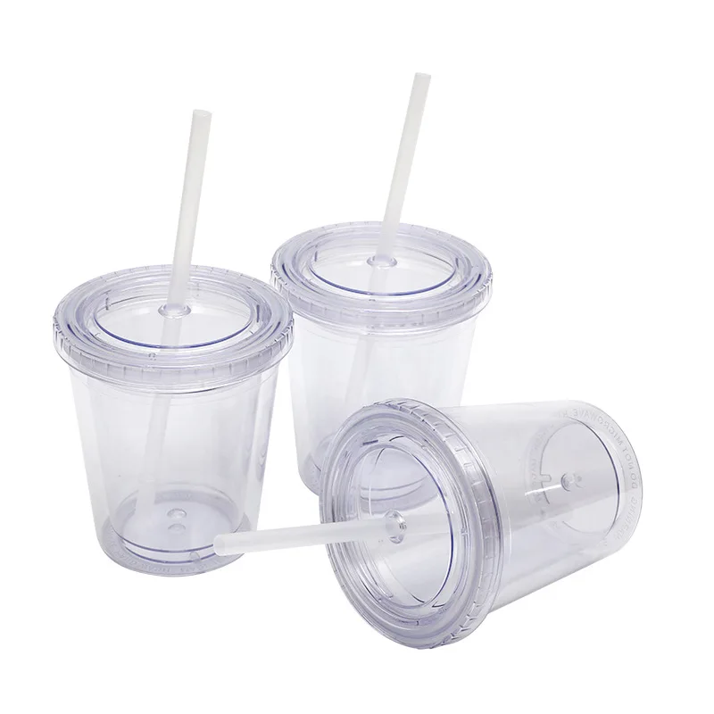 Plastic Double Wall Tumbler Cup with Straw, Black and Green Lid, Flat Lid, 350ml, 12oz, New, 2024