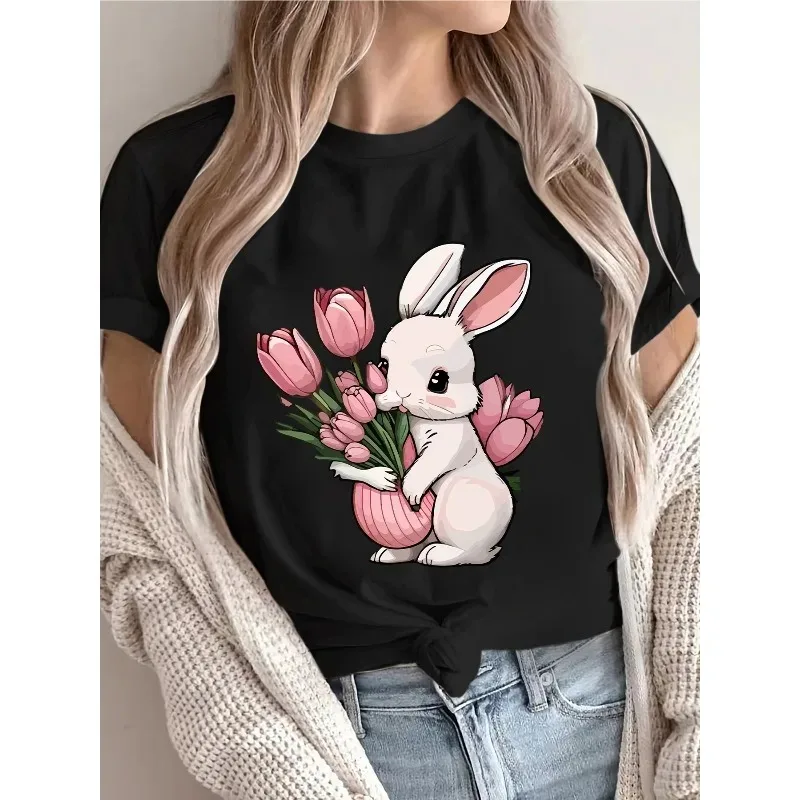 Ladies' Easter Bunny and Tulip Print T-shirt Casual Round Neck Pure Cotton Top Spring/summer Fashion Women Shirt Holiday Outfit