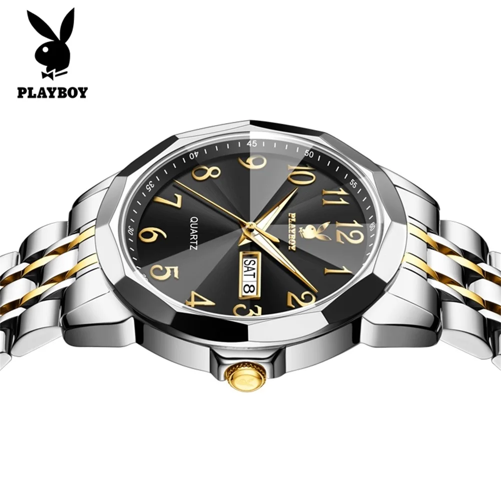 PLAYBOY 3532 Brand original authentic watches for man luxury Gift Box Digital surface solid steel belt quartz men's watch