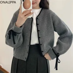 Onalippa Sweet Contrast Bows Cropped Cardigan Lace Up Patchwork V Neck Knitted Cardigans Korean Chic Single Breasted Sweater