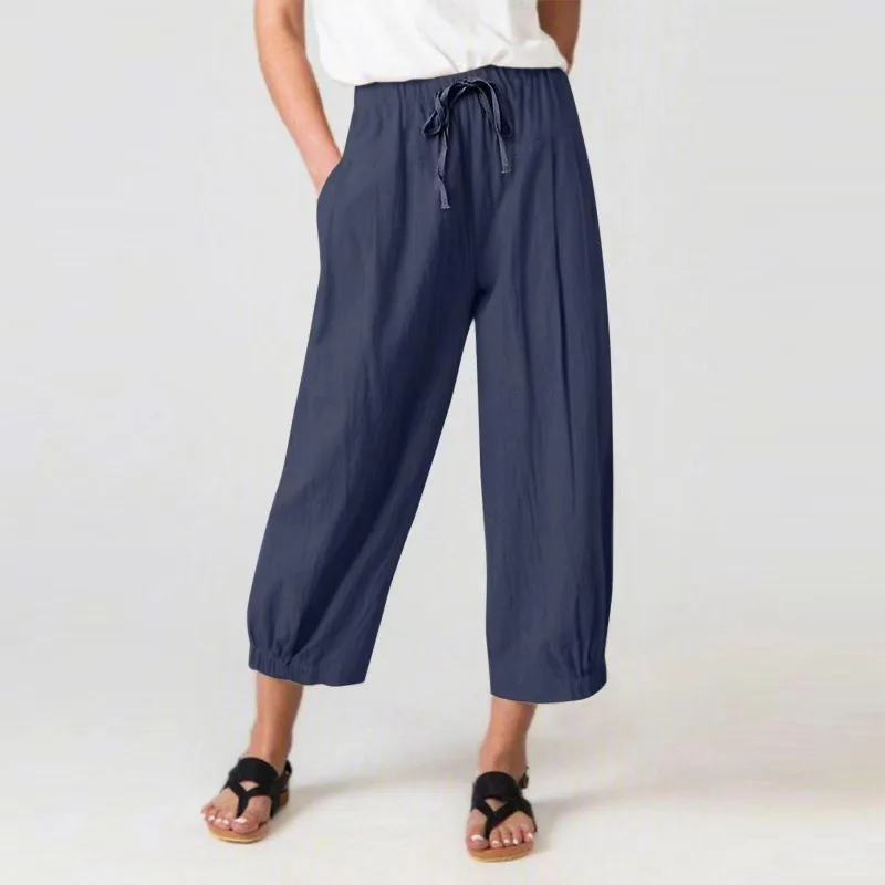 

Spring/autumn Women's Elastic High Waist Solid Bandage Pocket Drawstring Wide Leg Trousers Elegant Fashion Casual Loose Pants