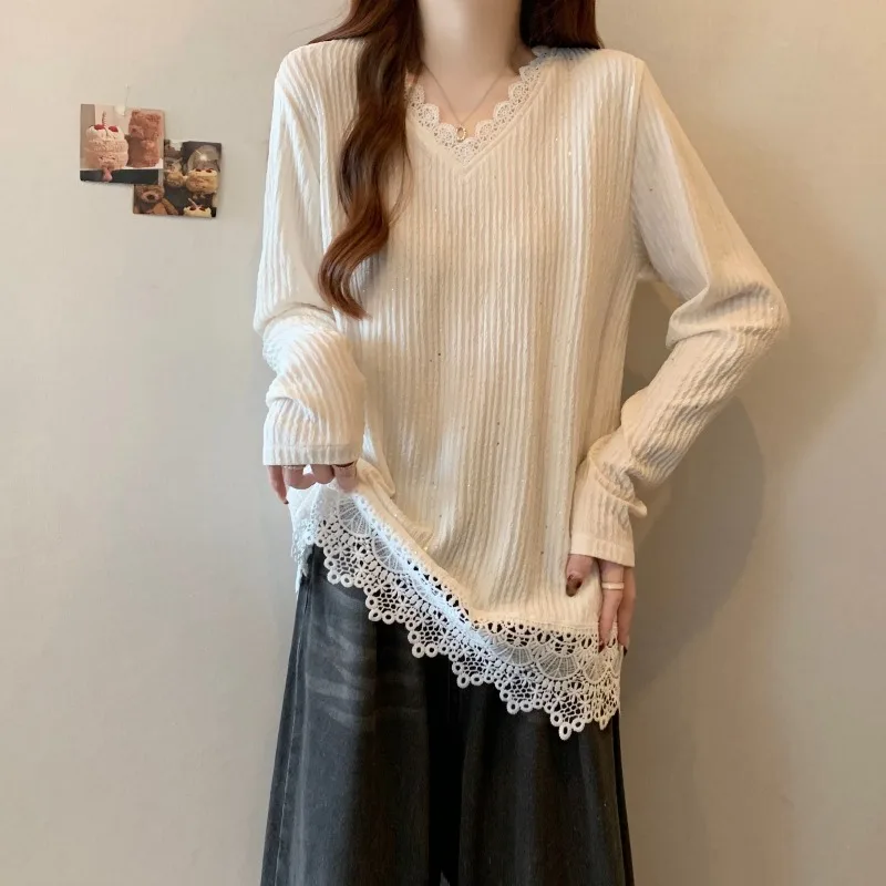 

Fashion Women's Long Sleeve T Shirt 2026 Spring New Shiny Lace Patchwork Korean Loose Fit Slimming V Neck Top