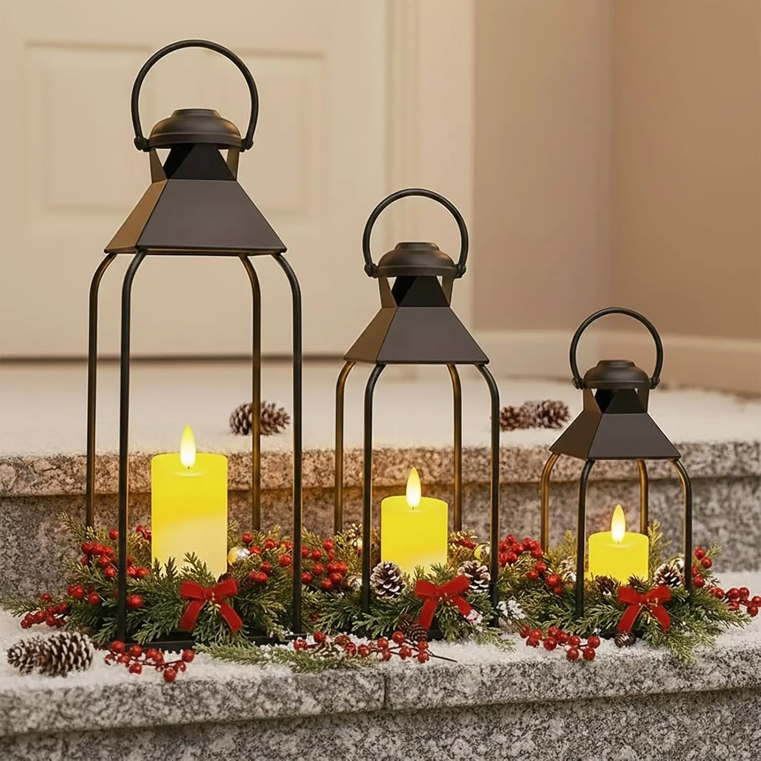 3 Pcs Decorative Metal Lanterns Indoor Outdoor Candle Holder for Porch Patio Fireplace Floor, Wedding, Christmas, Fall, Holiday, view 3