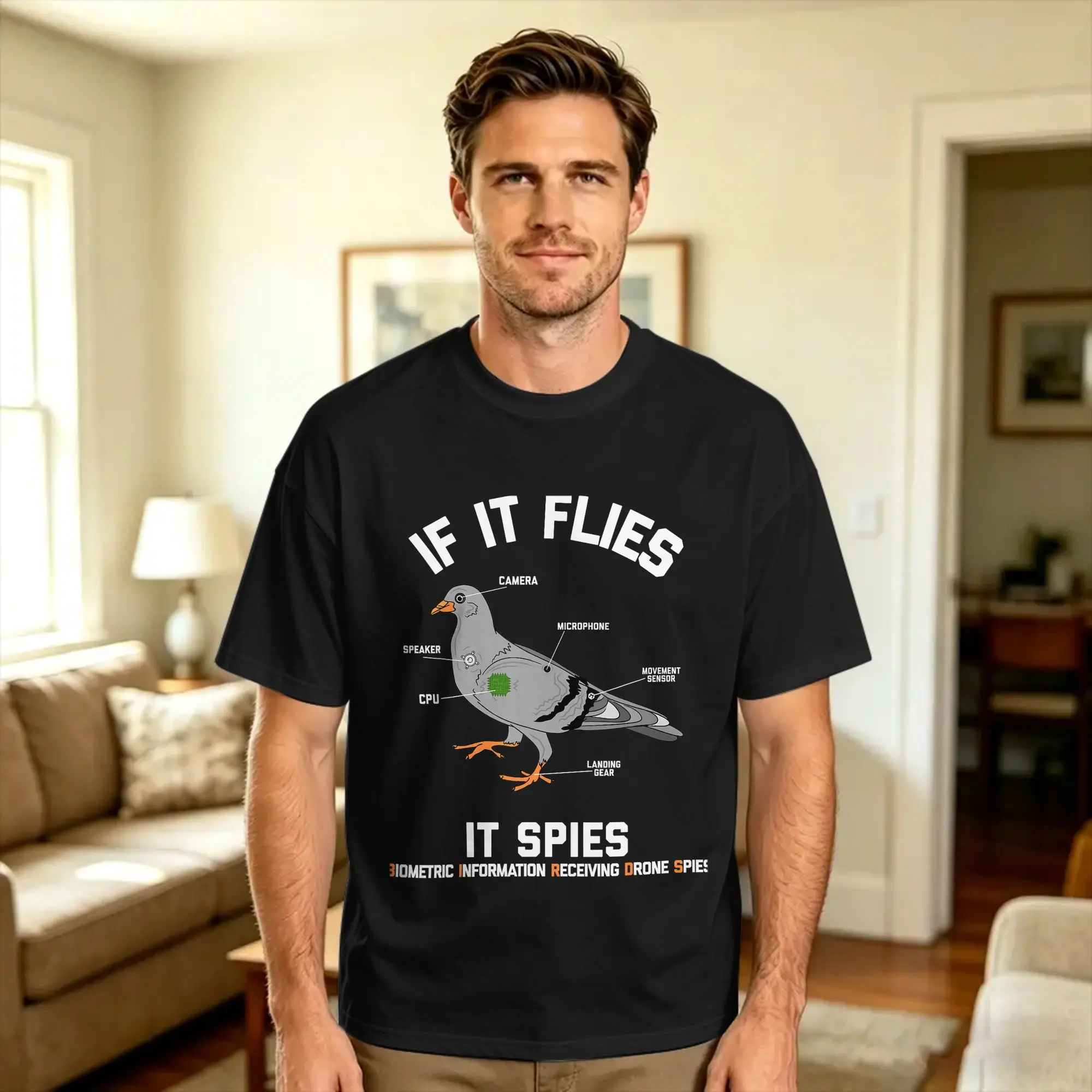 If It Flies It Spies Pigeon Camera Spy Conspiracy Funny T Shirt Summer  Y2K Basic T Shirts Pure Cotton Fashion Tshirt For Man