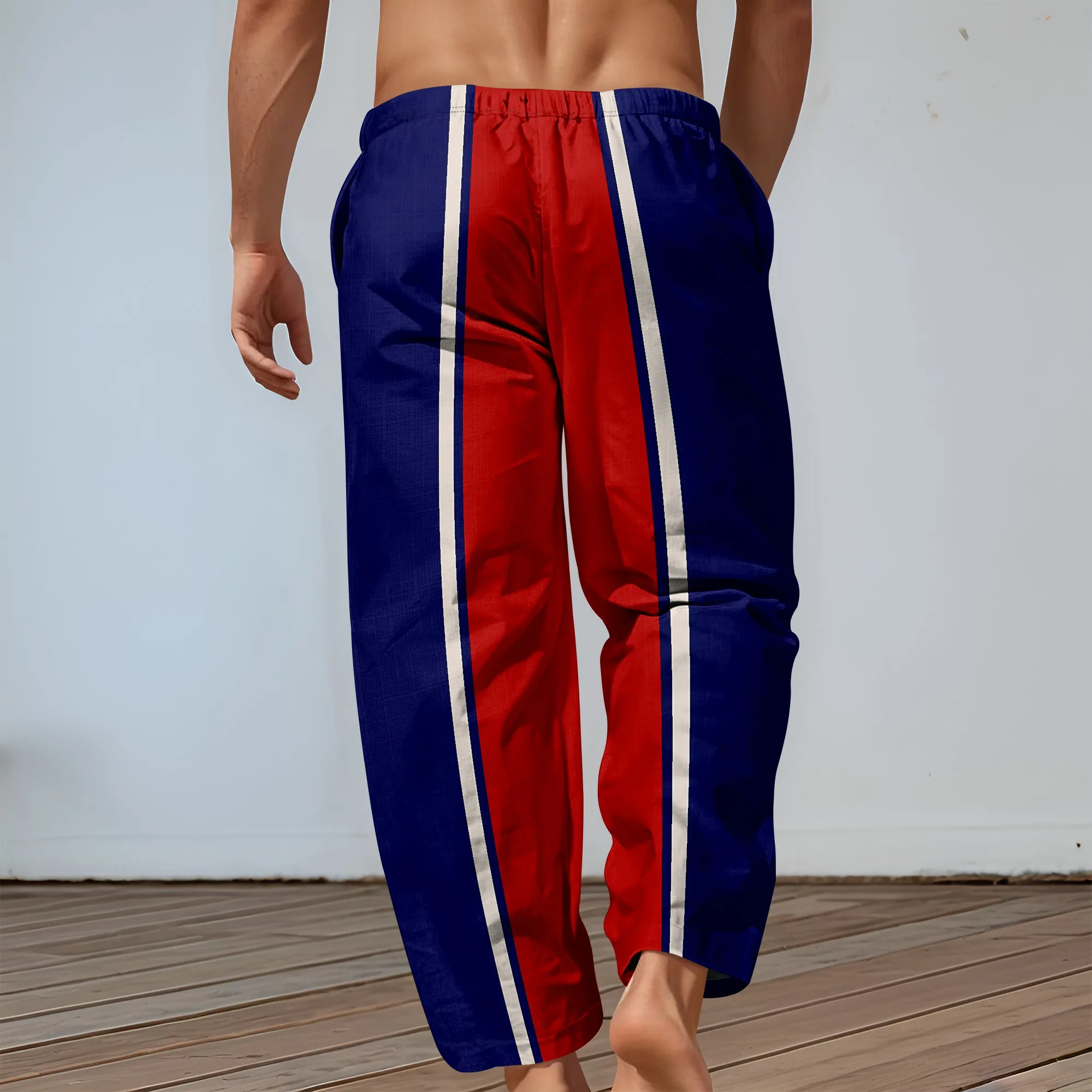 YEAE Blue Red Stripe Print Pants for Men Summer casual Loose Drawstring Trousers