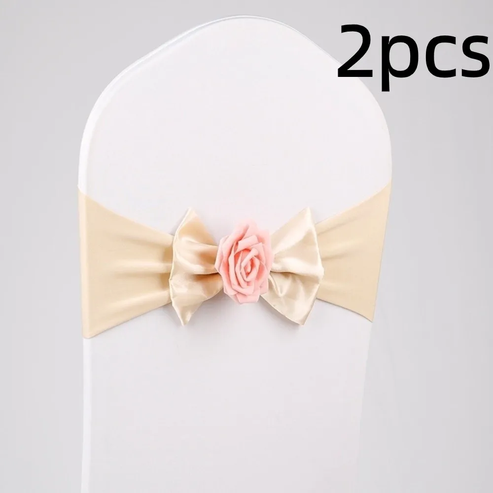 2pcs Chair Decoration Vintage Satin Chair Sashes Band Reusable Multicolor Chair Bow Tie Rose Elastic Chair Back Flower Wedding