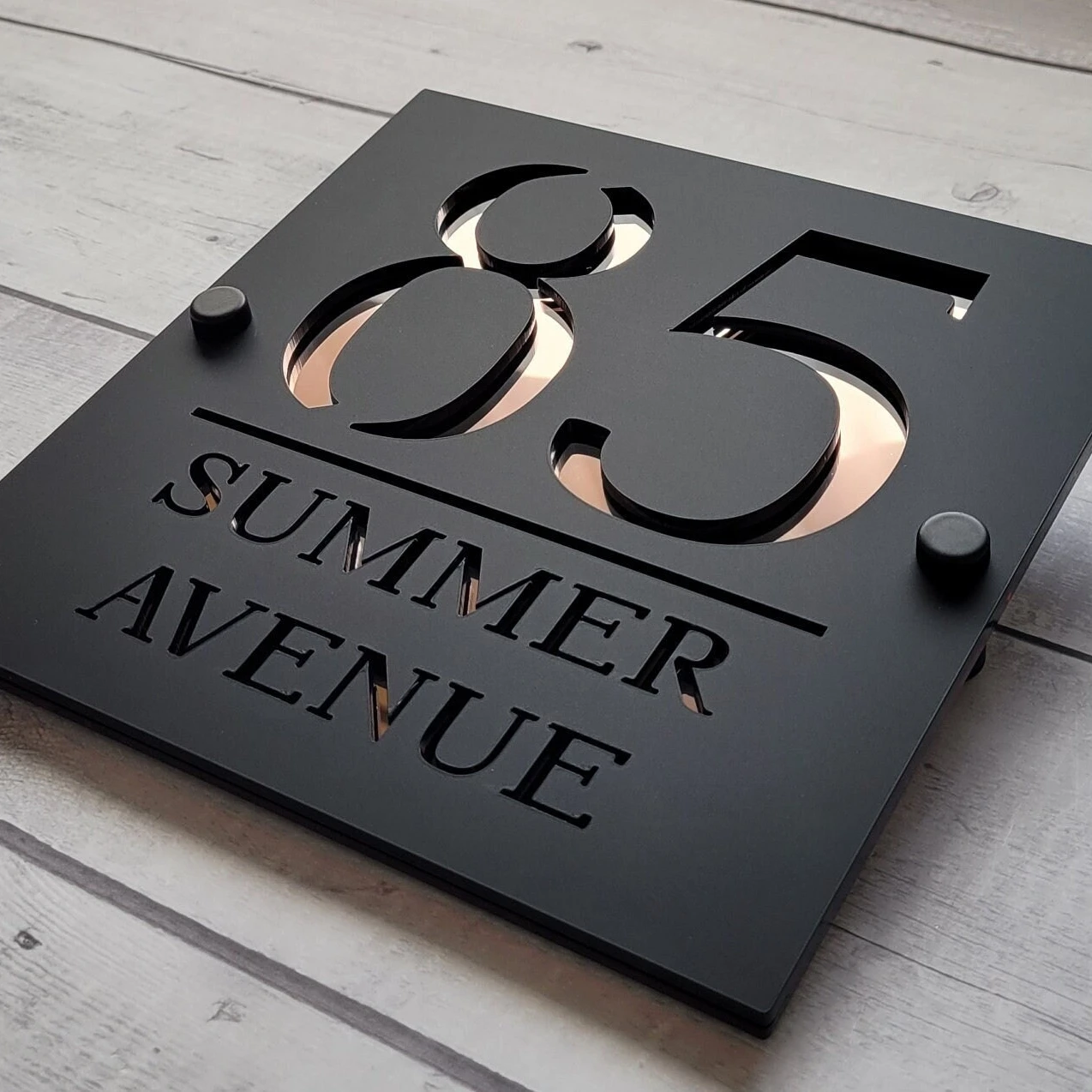 

Modern Style Outdoor Plaque with House Number and Name, 180mm x 180mm, Matte Black & Mirror Gold Plate