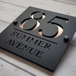 Modern Style Outdoor Plaque with House Number and Name, 180mm x 180mm, Matte Black & Mirror Gold Plate